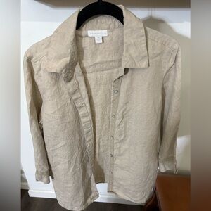 Charter Club 100% Natural Beige Linen Collared Button Down Top W/lace Accents 10